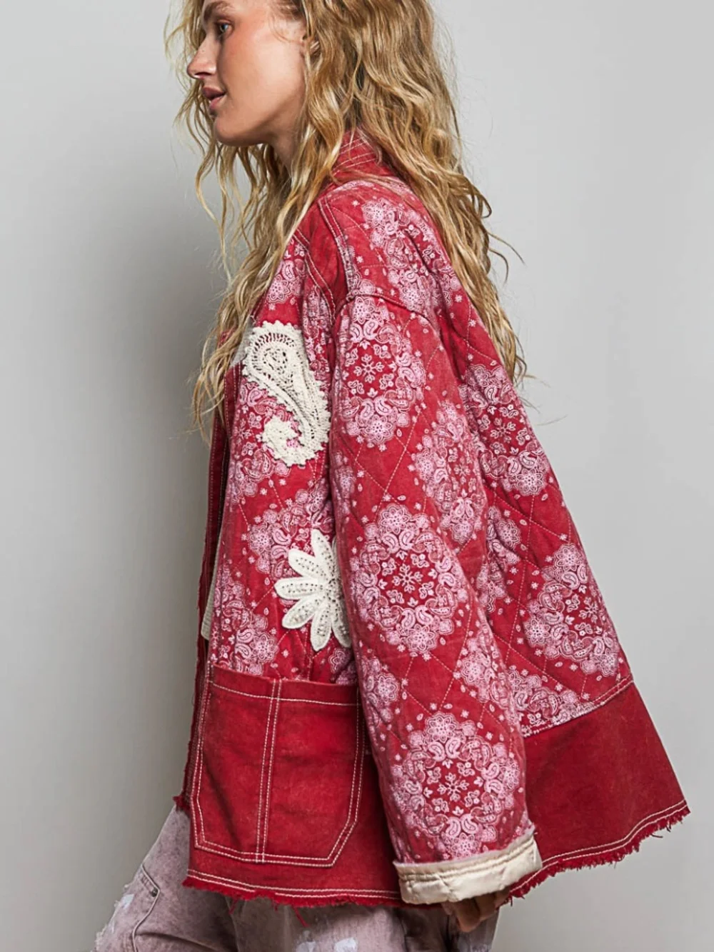 POL Red Paisley Print Reverse Stitch Floral Embroidered Open Front Jacket